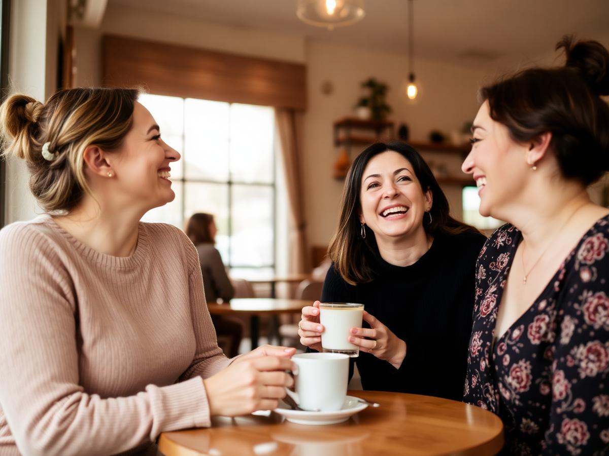 Members laughing over coffee at a Charlotte café